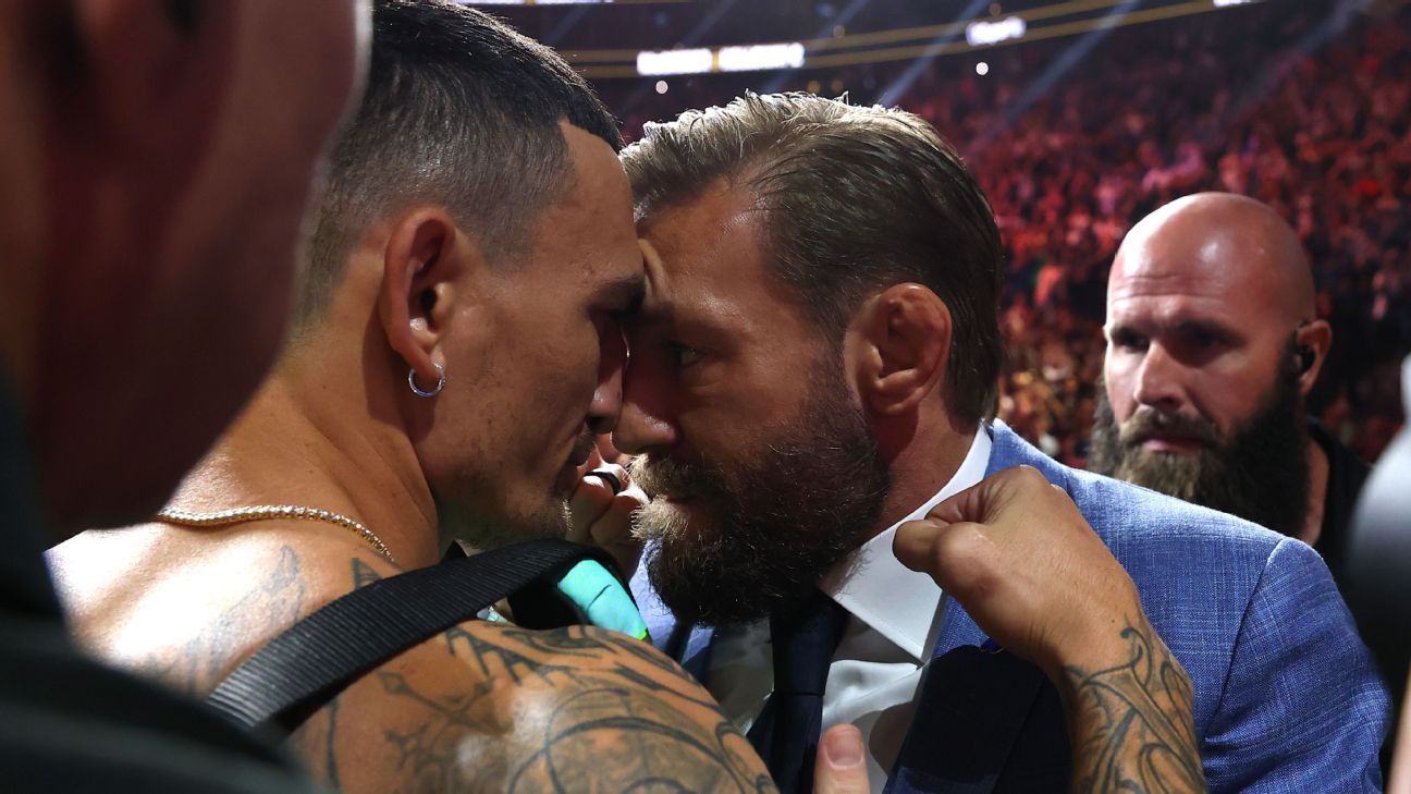 McGregor e Holloway protagonizam encarada tensa antes do UFC 329